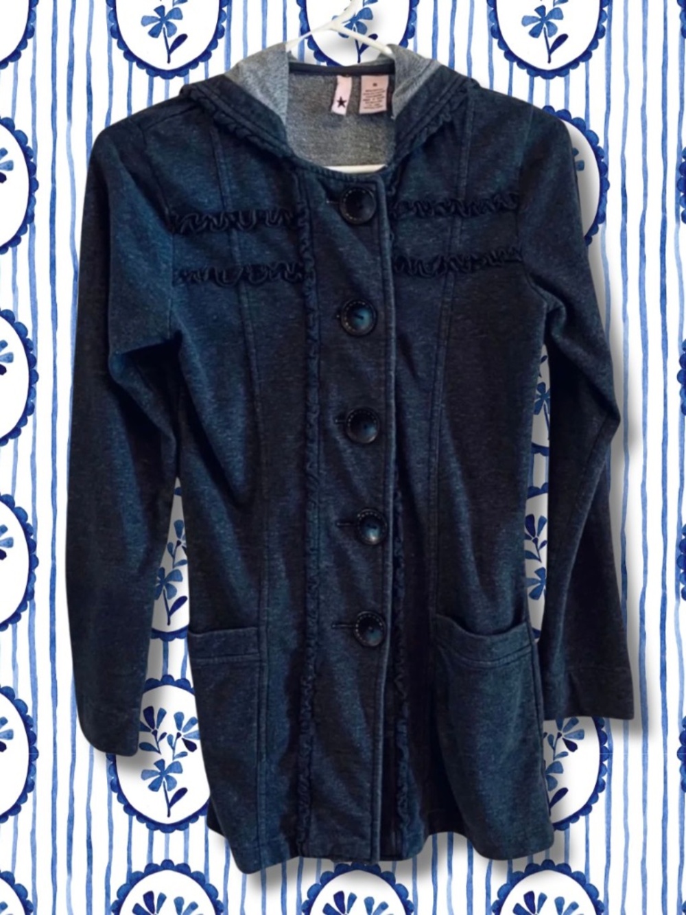 Rare Vintage Hooded Ruffle Big Button Jacket, S